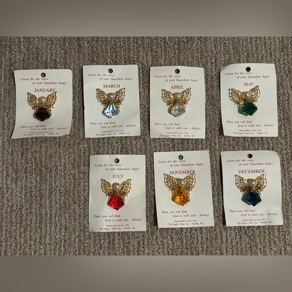 Vintage birthstone guardian angel brooches, lot of 7, NWT